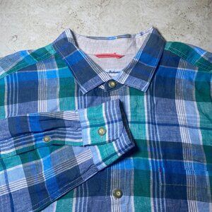 Tommy Bahama Mens XL Plaid Long Sleeve 100% Linen Shirt Blue & Green Button-Up‎